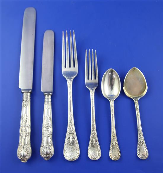 An Edwardian and later harlequin canteen of double struck fancy and Queens pattern cutlery, weighable silver 199 oz.